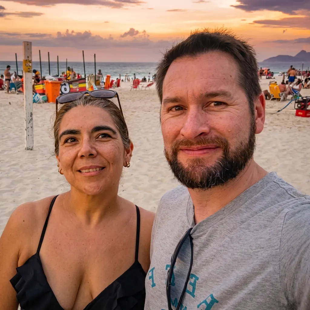 Pareja de pasajeros de Rauquén en la playa al atardecer