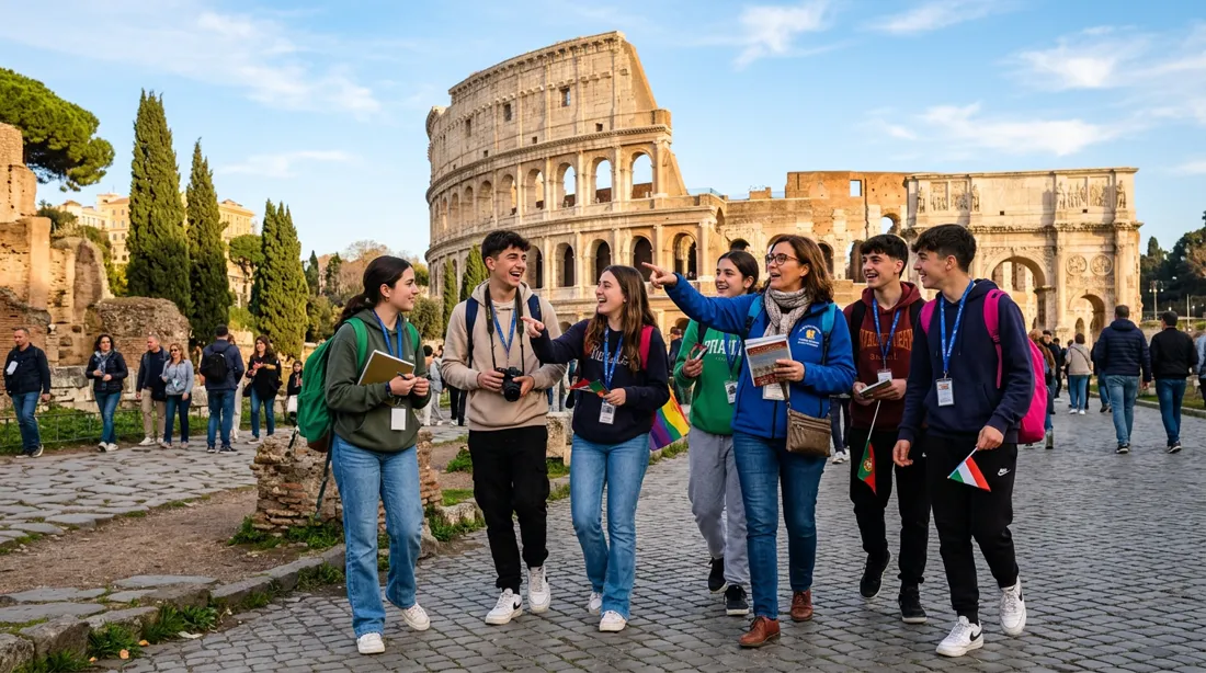 Grupo de estudiantes con su profesora frente al Coliseo de Roma